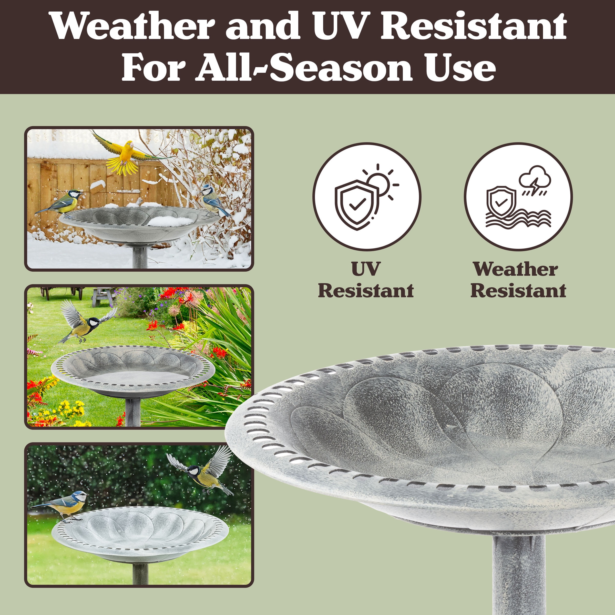 Pure Garden Antique Bird Bath – 28.75” Weather-Resistant Pedestal Bowl with Stakes, Antique Gray