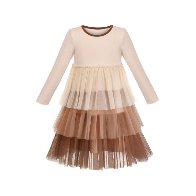 Girls Dress Tee Shirt Layered Cake Tulle Skirt Ruffle Long Sleeve 4 Years