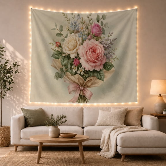 Floral Garden with Showcases Bouquet Botanical, Nostalgic Vintage for Botanical Art Lovers, Wall Decor, Valentine'S Day Gift, Tapestry Wall Hanging for Dorm and Living Room
