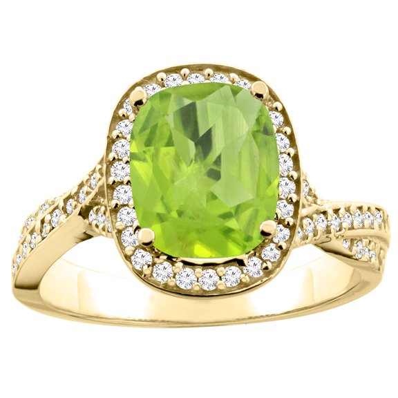 14K Yellow Gold Natural Peridot Halo Ring Cushion 9x7mm Diamond Accent 1/2 inch wide, size 6