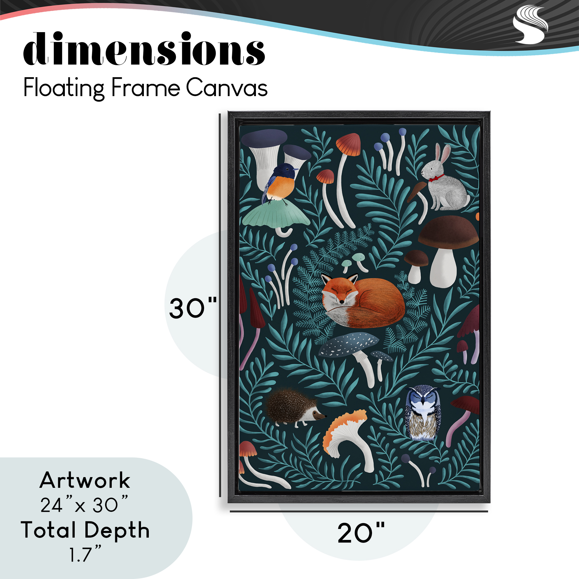 Woodland Animals & Botanical Sprigs Black Framed Floater Canvas Wall Art, design by Metka Hiti