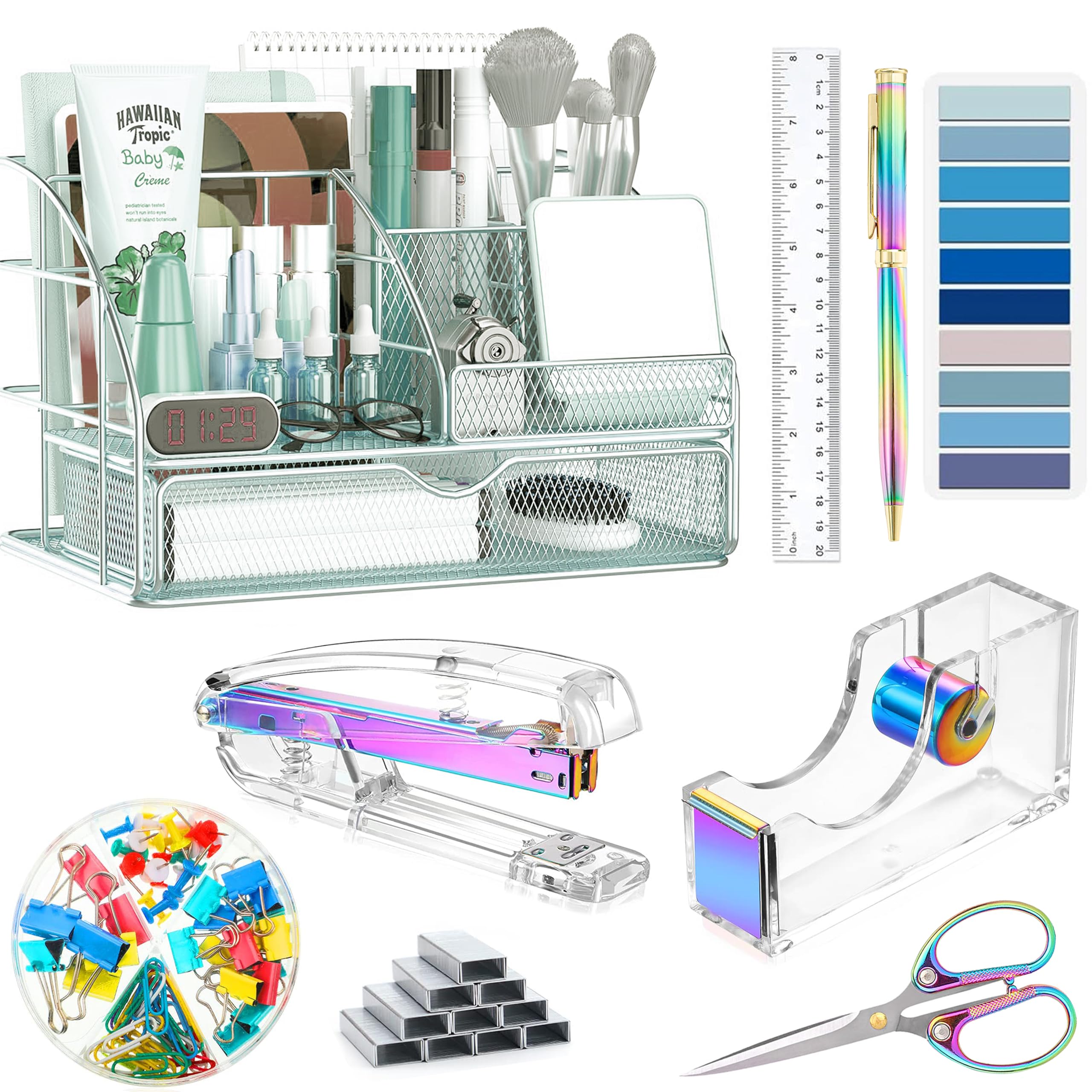 Dream Color Desk Accessories Office Organizers And Supplies With Mesh Organizer Tape Dispenser Stapler Staples Ballpoint Pen Clips Set Ruler Scissor Sticky Tabs