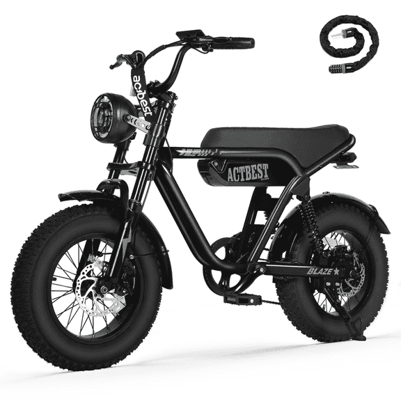 Actbest Blaze Retro Electric Bike for Adults, 16"x4.0 Fat Tire Vintage E‑Bicycle, 500W Hub Motor 28MPH(Peak 1500W), 48V 13Ah Removable Battery, Dual Shock Absorption,Black & Gray with Lock