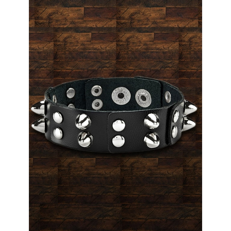 Black Leather Bullet Studs Cuff Bracelet (20mm) - 8.5