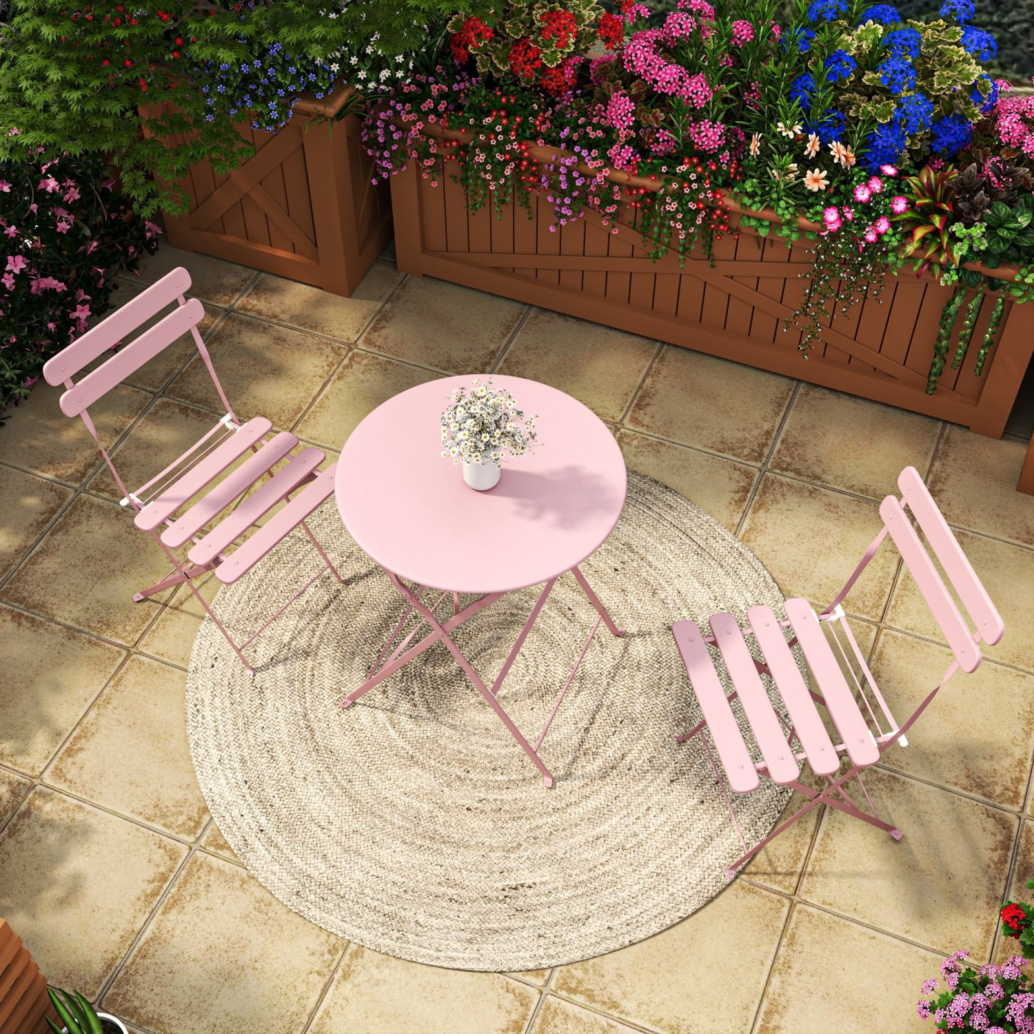 Bistro Table and Chairs Set for 2, 3 Piece Outdoor Patio Bistro Set with Folding Table and 2 Cushioned Chairs, Rust-Resistant Frame, Pink
