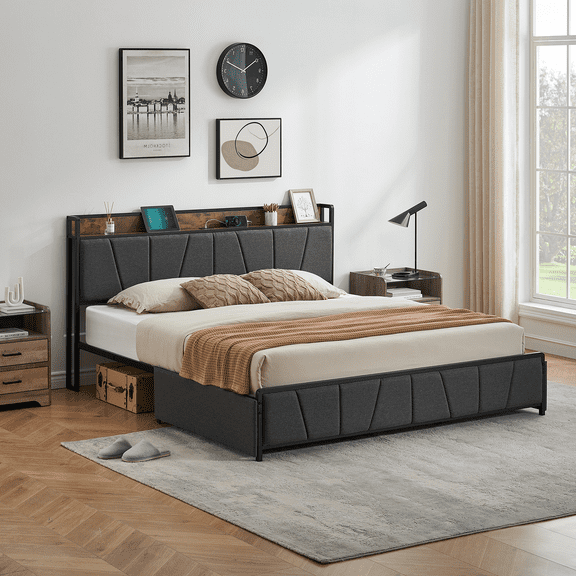King Bed Frame with Storage Drawer, Metal Platform Bed with Charging Station, Upholstered Button Tufted Storage Headboard