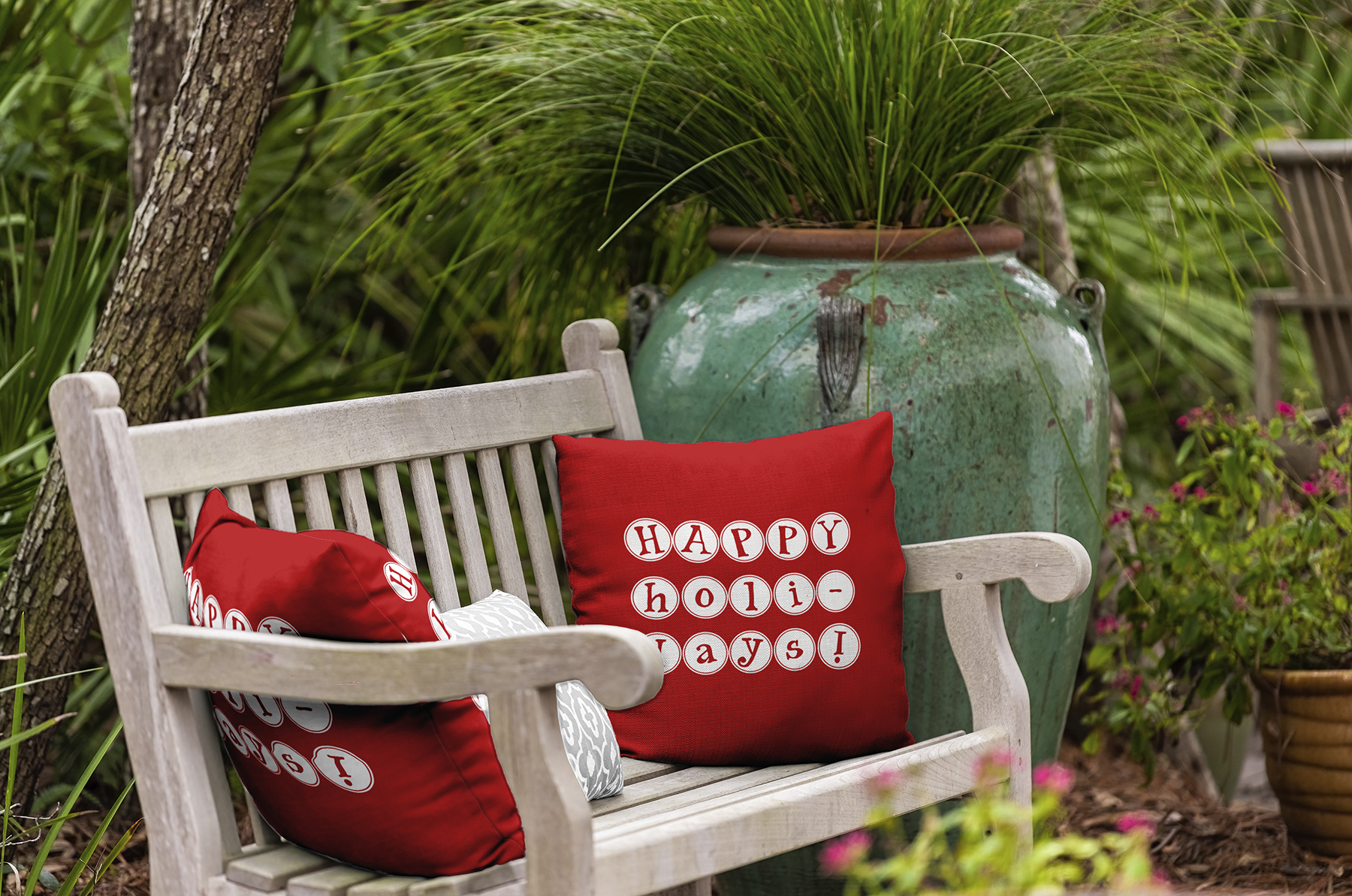 Simply Daisy 16" x 16" Happy Holidays Polyester Indoor/Outdoor Pillow, Red (1 count)