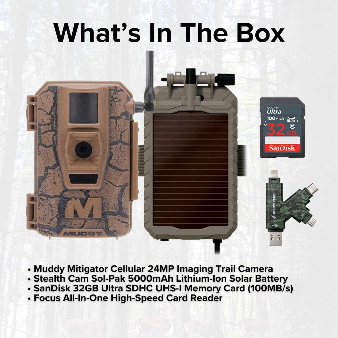 Muddy Mitigator Cellular 24MP Imaging Trail Camera Bundle with 5000mAh Lithium-Ion Solar Battery, 32GB Memory Card, and Card Reader (4 Items)