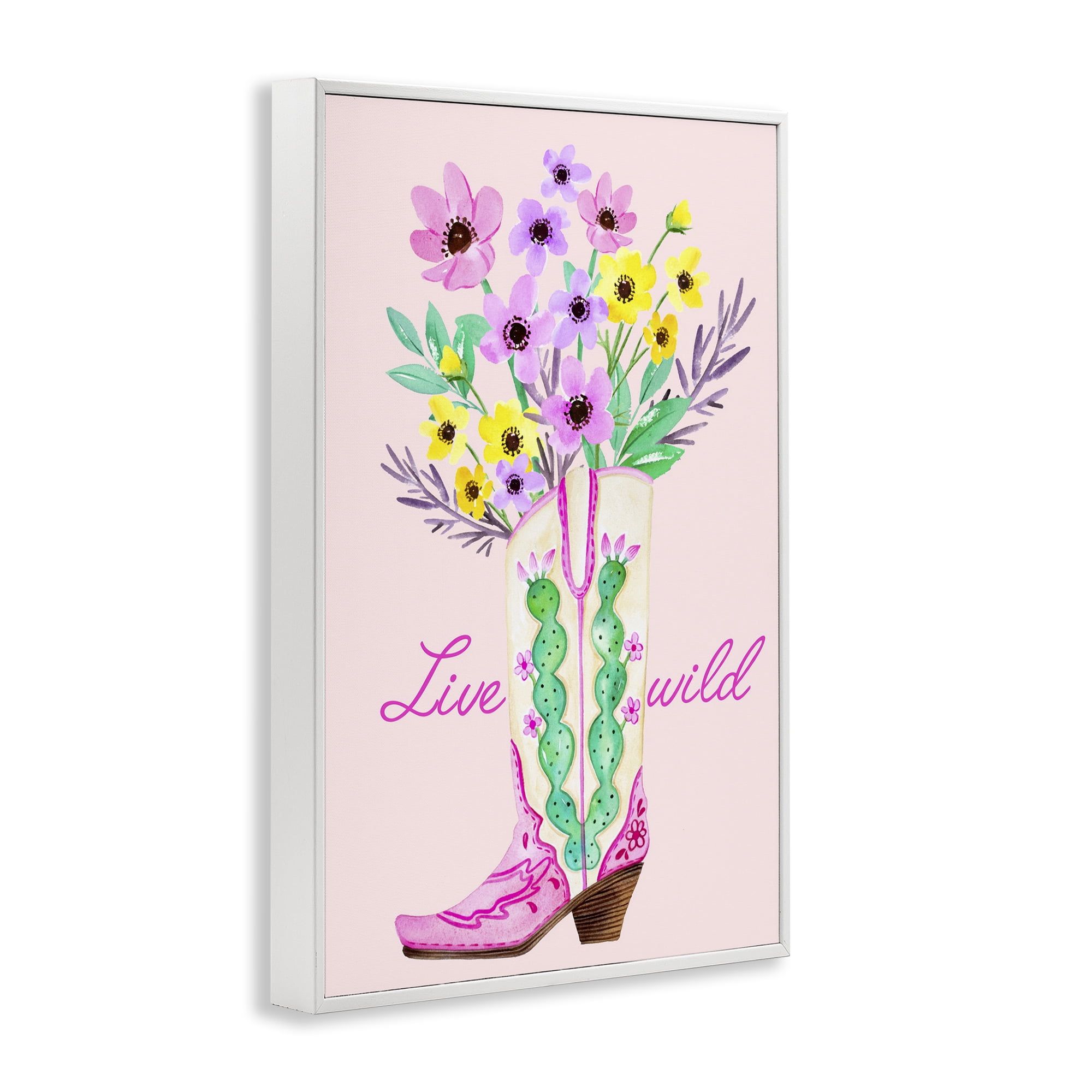 Stupell Industries Live Wild Cowgirl Boot Botanical & Floral Painting White Framed Art Print Wall Art, 16 x 24