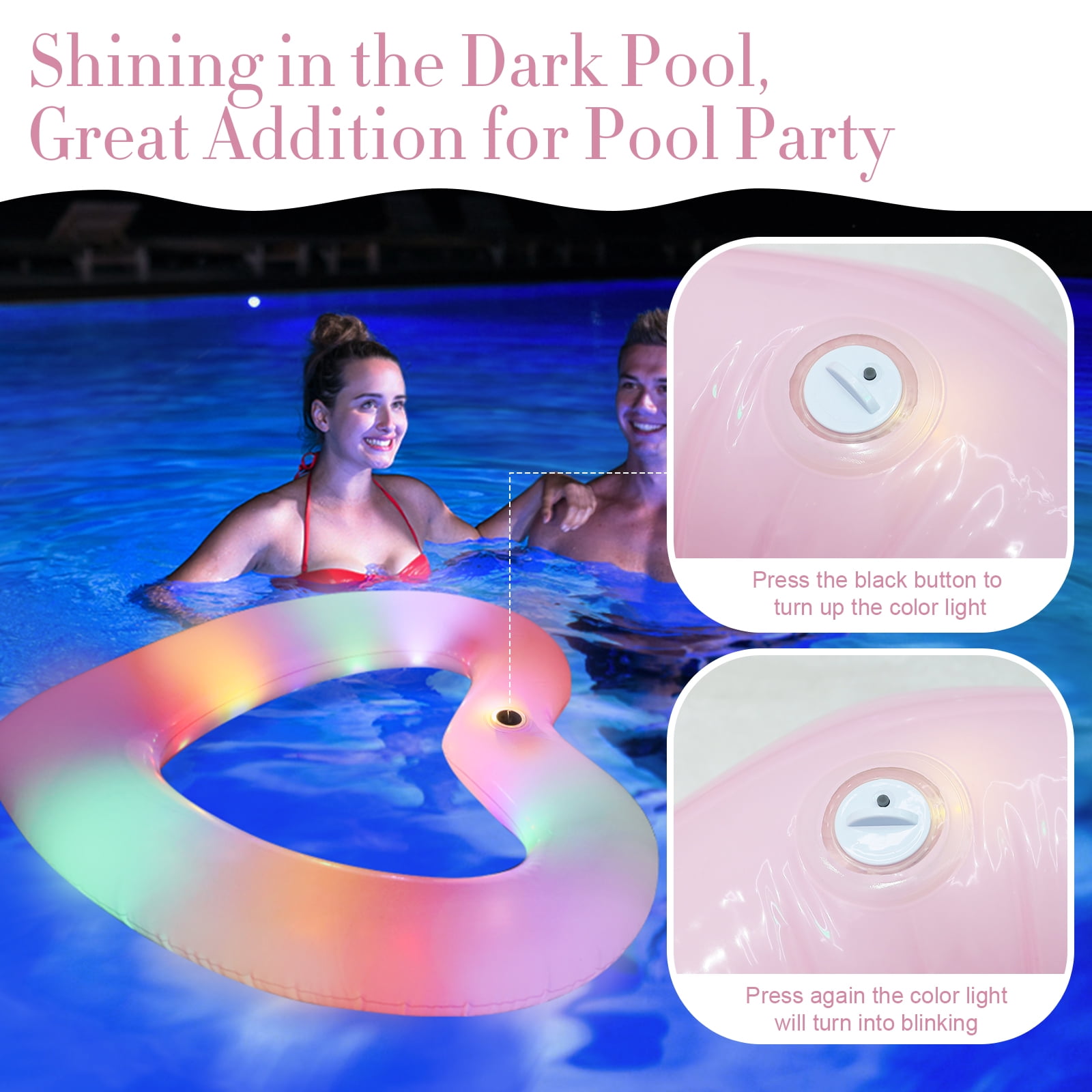 RoamReady 2 Pcs 47'' Heart Inflatable Pool Floats, LED Lighted Swim Rings for Adults Summer Beach Water Party Toys