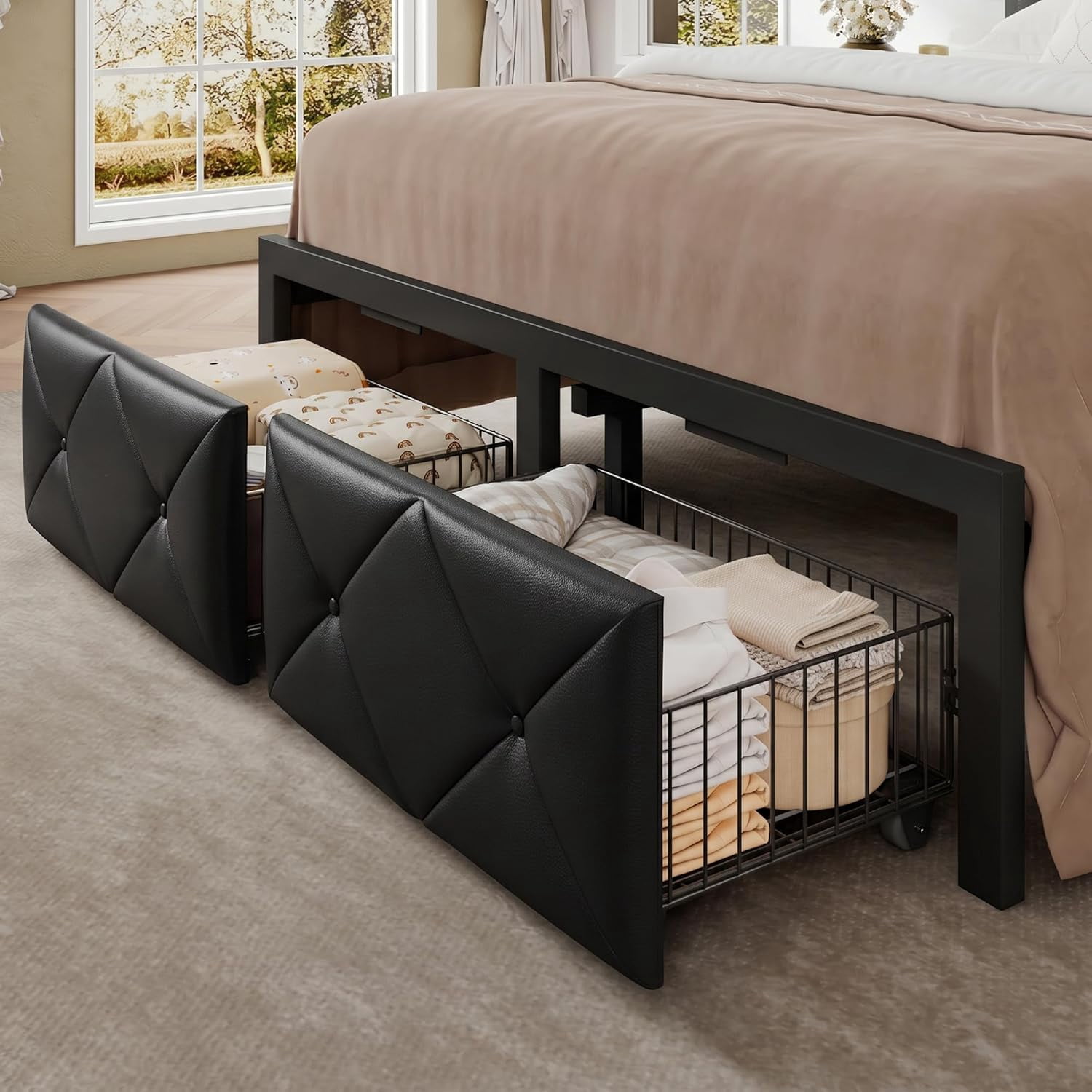 iPormis Full Bed Frame with Storage Drawer, Metal Platform Bed with Charging Station, Upholstered Faux Leather Button Tufted Storage Headboard, No Box Spring Needed, Noise-Free, Easy Assembly, Black