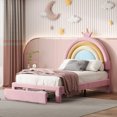 thumbnail image 1 of Twin Size Upholstered Rainbow Design Bed, Velvet Princess Platform Bed with Storage Drawer, No Box-spring Needed,Colorful&Pink, 1 of 7