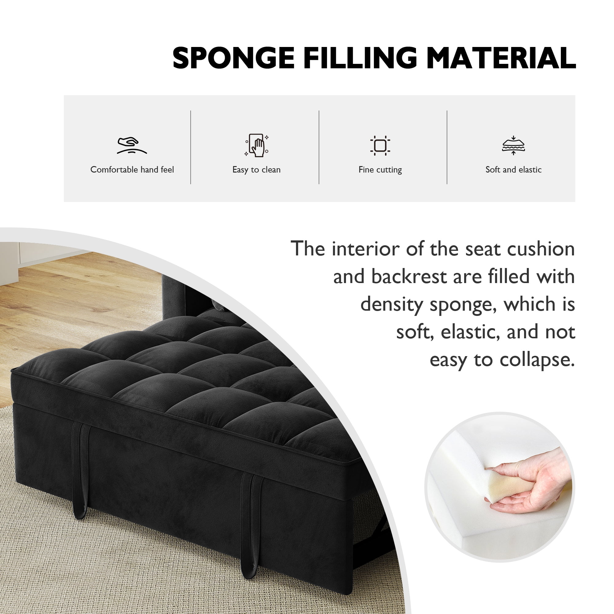 AENKYO Convertible Pull-Out Loveseat Sleeper Sofa Bed for Living Room, Modern Upholstered Futon in Black