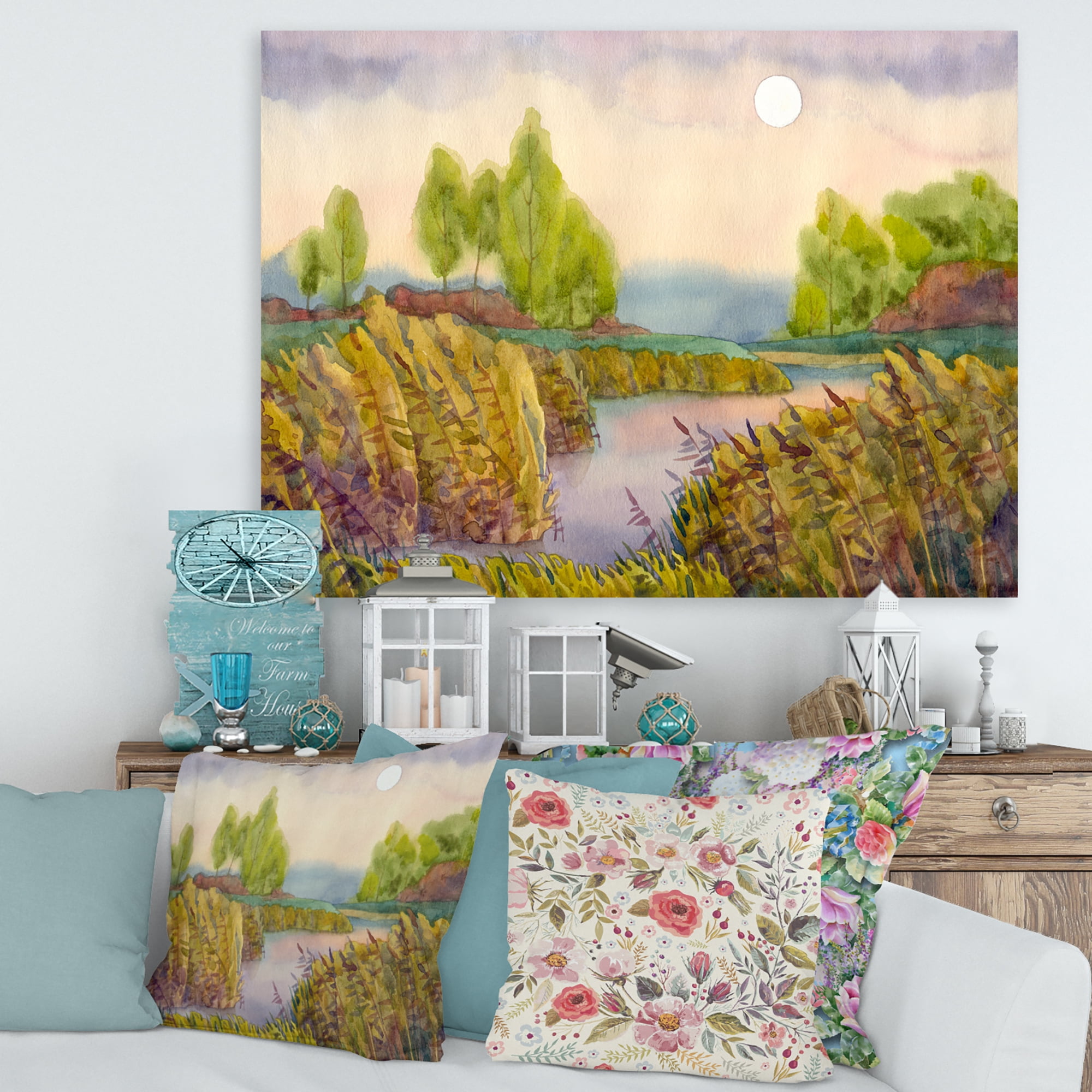 Designart ' Lake In The Reeds With Full Moon ' Nautical & Coastal Canvas Wall Art Print
