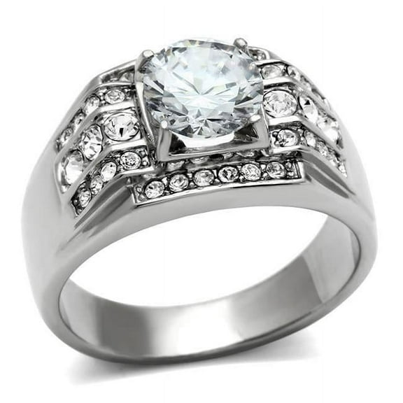 Men High Polished Stainless Steel Ring with AAA Grade CZ in Clear - Size 8