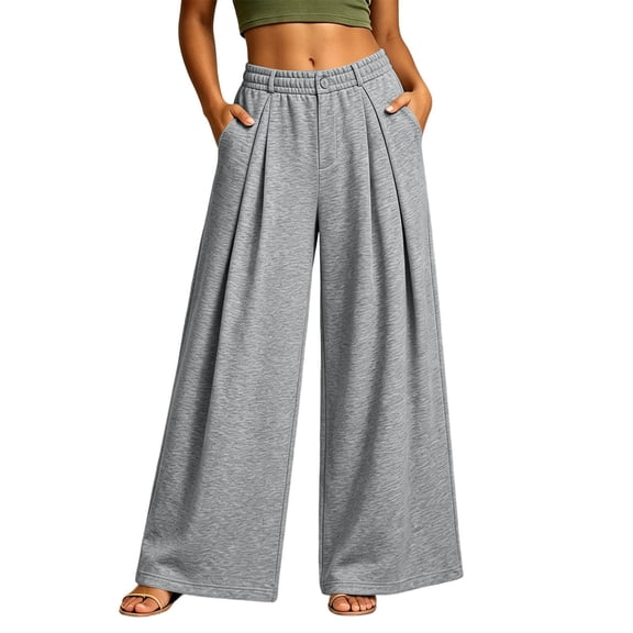 Ozmmyan Womens Wide Leg Sweatpants Zipper Button Pockets Elastic Waist Casual Loose Fit Lounge Pants for Winter