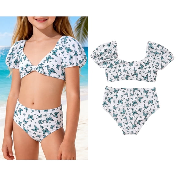 Swimsuit for Tween Short Sleeve Crop Top Two Piece Bikini Sets with Chest Pad Cute Swimsuits for Tween Girls 11-12 Years