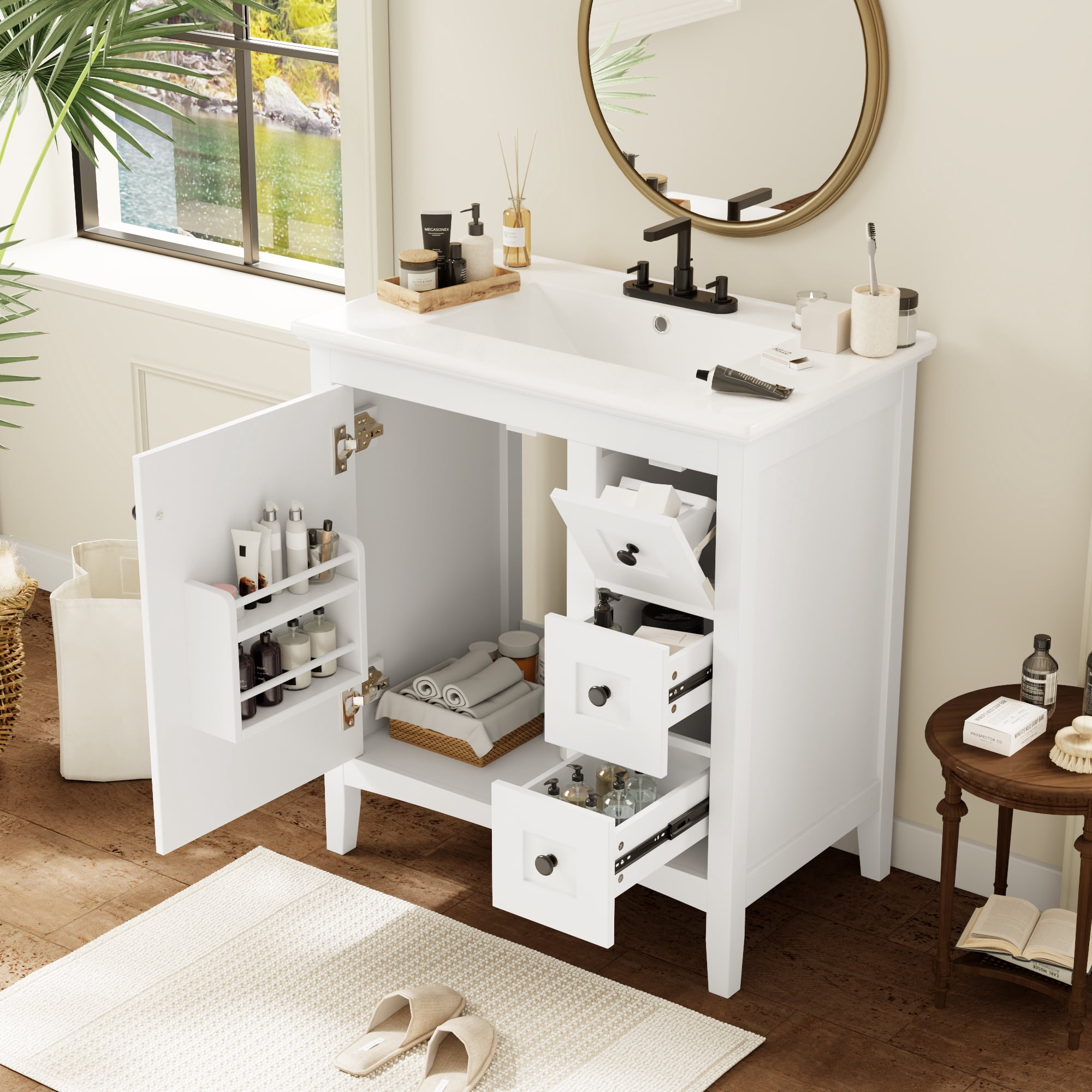 Euroco 30 Inch Bathroom Vanity with Ceramic Sink, White Bathroom with 3 Drawers, Solid Wood Frame Modern Bathroom Storage Cabinet , Ideal for Home