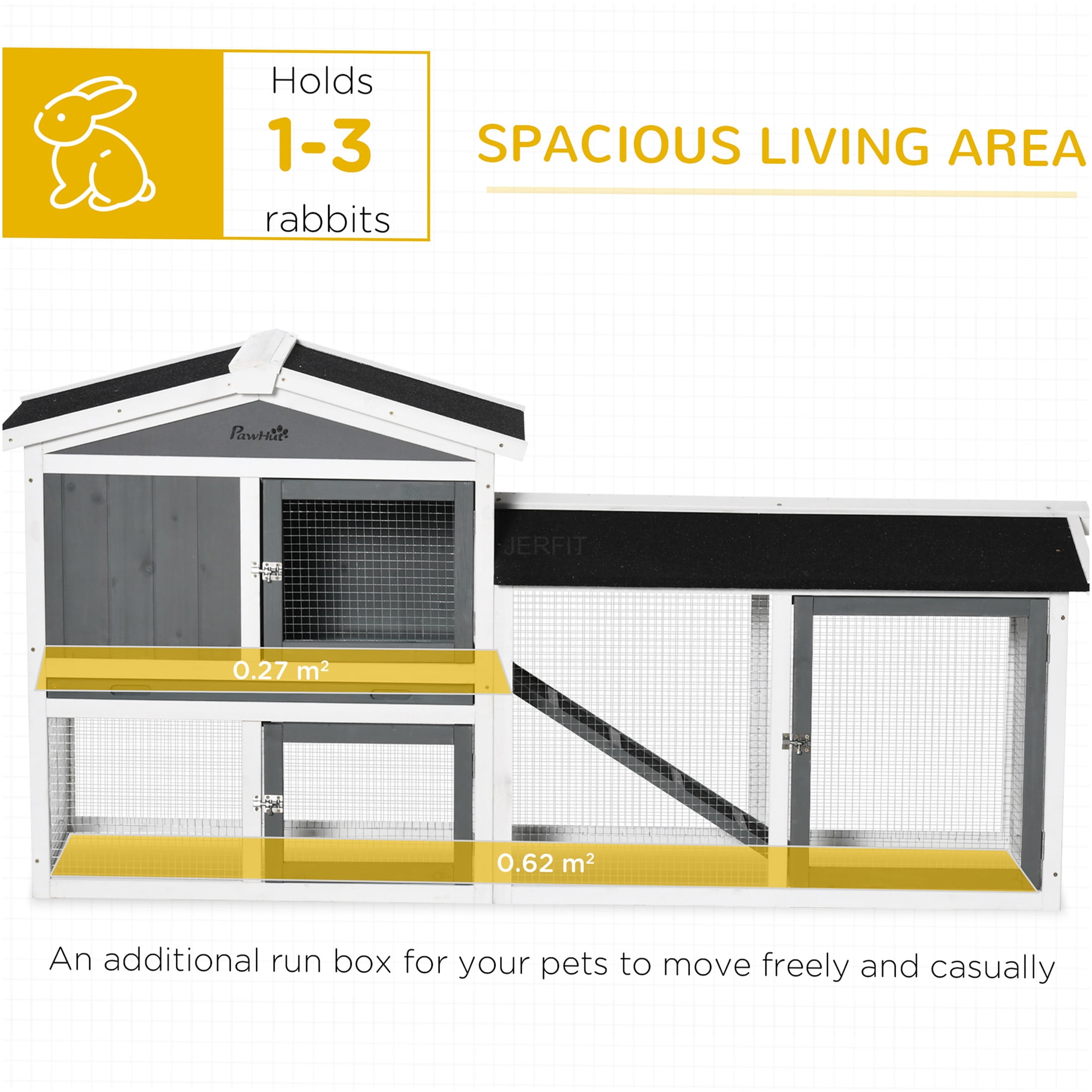 JERFIT Large Outdoor Rabbit Hutch with Run, White Wooden Bunny Cage House for Rabbits & Guinea Pigs, Waterproof Asphalt Roof, Pull-Out Tray, Ramp