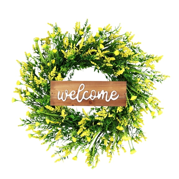 Artificial Lavender Welcome Wreath for Front Door and Wall Decor, Indoor Outdoor Spring Floral Arrangement, Fade Resistant and No Maintenance(Yellow)