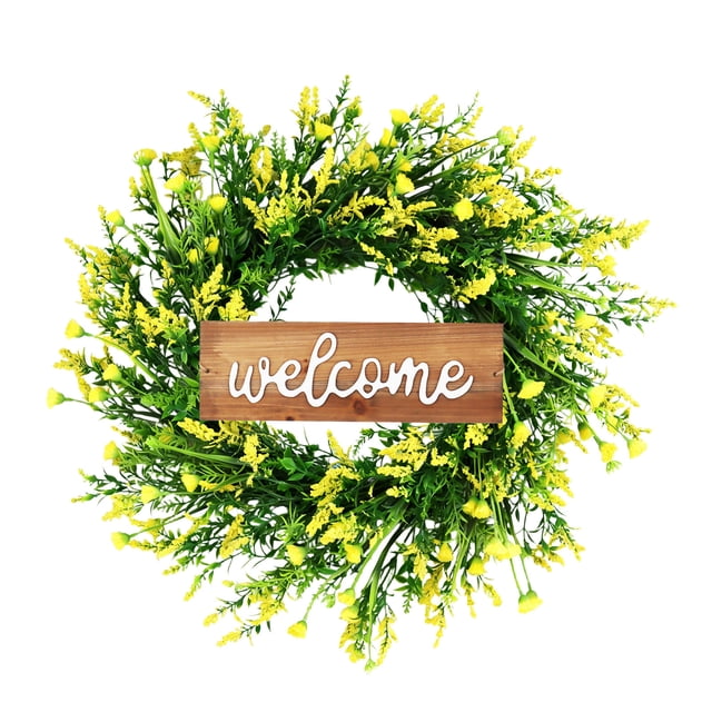 Decoraciones de Primavera para el Hogar, Corona de Bienvenida de Lavanda Amarilla 50cm para la Decoración Interior Y Exterior, Corona de Plástico Artificial, Decoraciones de Bienvenida Al Hogar