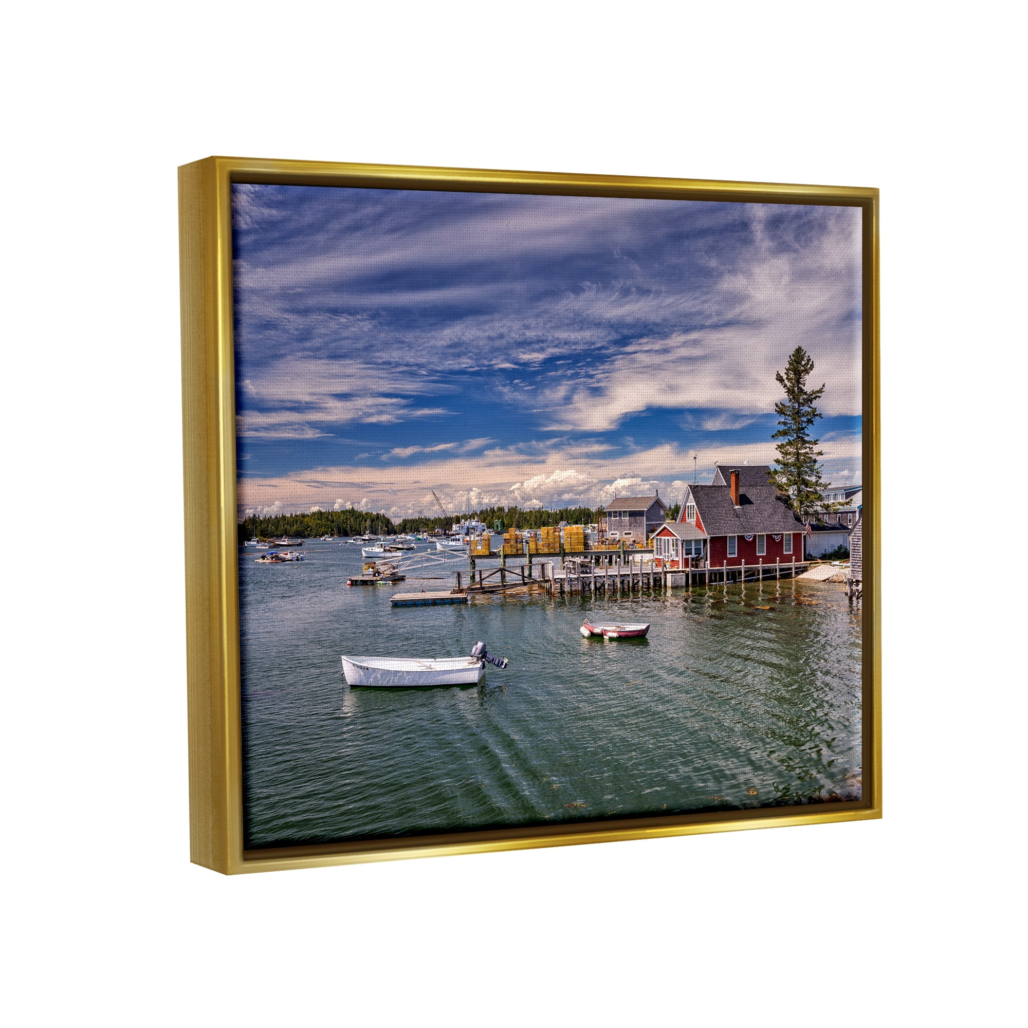 Stupell Seaside Marina Boat Harbor Landscape Photography Gold Floater Framed Art Print Wall Art