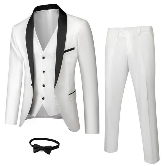 ETHAN 3 Piece Suit for Men Slim Fit Double Breasted One Button Formal Wedding Prom Tuxedo Suits for Men White XXS