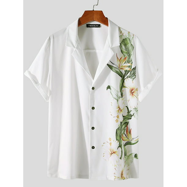 Incerun - Mens Casual Flower Printed Short Sleeve Button Down White ...