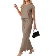 Cueply Two Piece Sets for Women Summer Casual Vacation Outfits Cap Sleeve Wide Leg Long Pants Lounge Sets