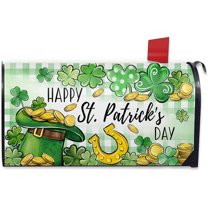 Happy St. Patrick''s Day Mailbox Cover Magnetic Standard Size 21"x19", Top Hat Shamrock Clover Decorative Post Letter Box Wrap Decor, Gold Coins Plaid Farmhouse Irish Garden Outdoor Decoration