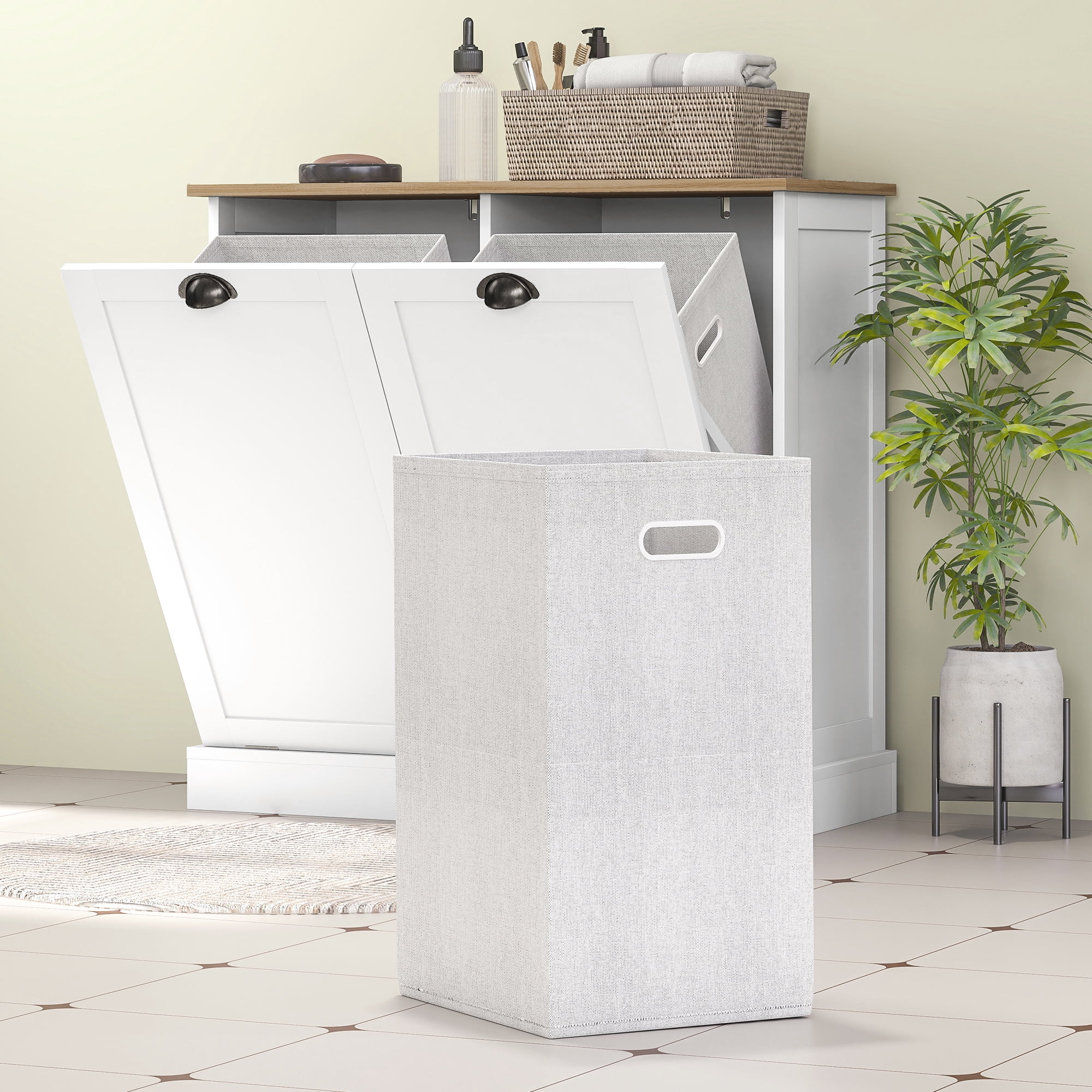 HOQBN Dual Tilt out Laundry Hamper Cabinet with 2 Removable Basket, Modern Bathroom Storage Cabinet with Shaker Doors and Handles, White