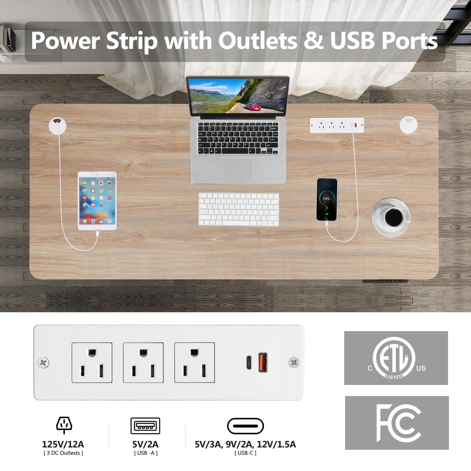 Legooin 70x27 inch Standing Desk with Power Strip Sit Stand Desk Height Adjustable Computer Table Mobile Workstation for Home Office Dorm, Oak