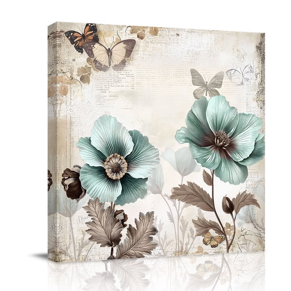 Canvas Wall Art, Teal Brown Spring Floral Framed Canvas Prints for Living Room Bathroom, Vintage Flowers Elegant Botanical Gallery Wrapped Wall Decor for Home Office, Gifts, 12"x12" Ship Next Day