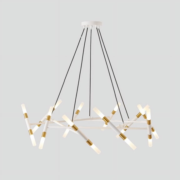 41" Modern White and Gold Branch Chandelier with Frosted Tubes, Adjustable Pendant Light Fixture for Dining Room, Kitchen Island, or Living Room (Bulbs Not Included)