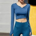 thumbnail image 2 of Women's Long Sleeve Crop Tops V-Neck Slim Fitted Seamless Tees Shirts Wavy Lace Side Lacing Yoga Fitness Wear Blouses, 2 of 4