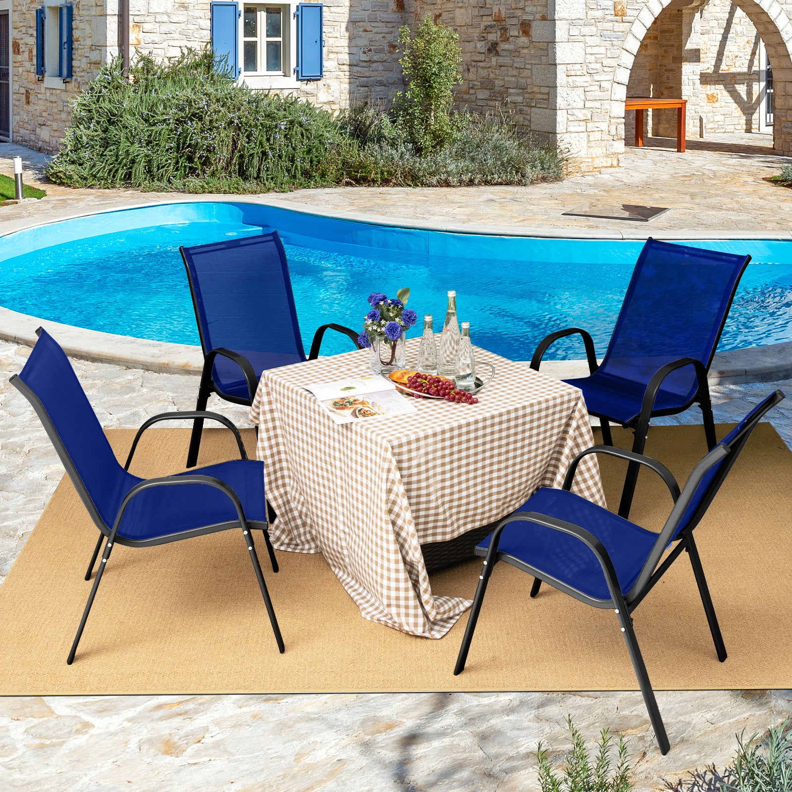 Costway 2PCS Patio Dining Chairs Stackable Armrest Space Saving Garden, Black & Navy