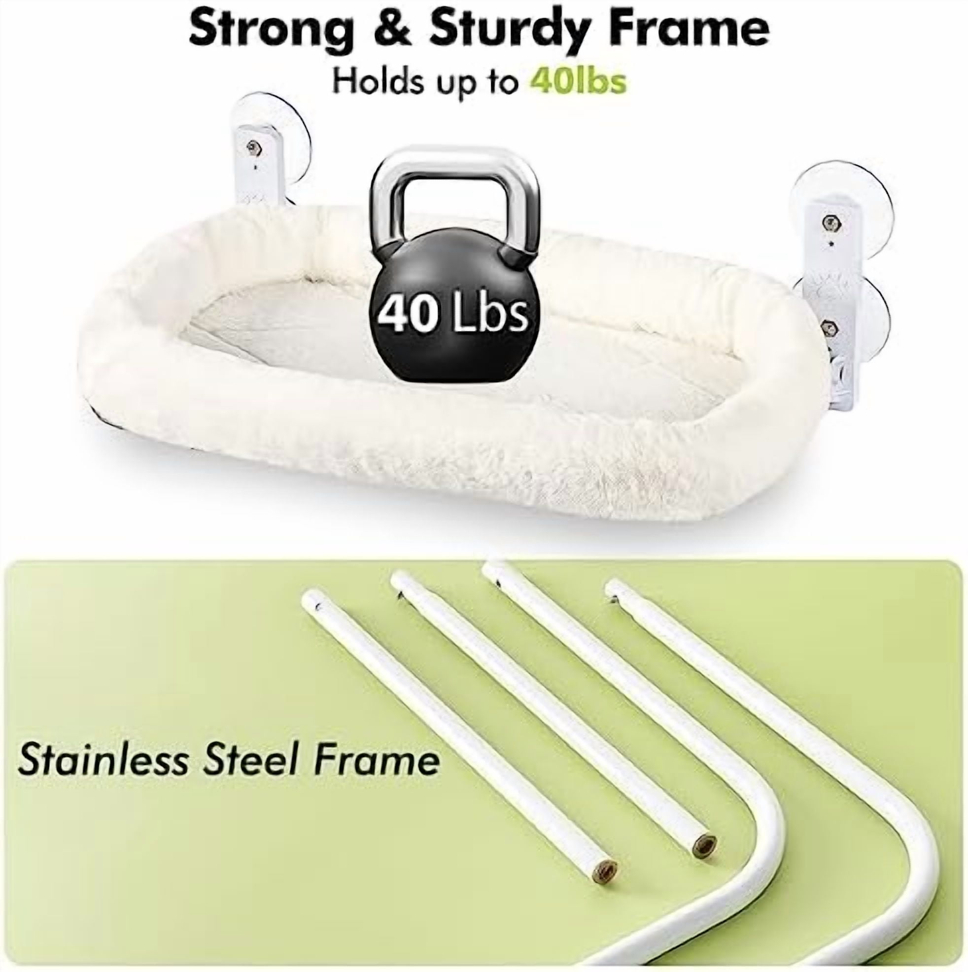 Cordless Cat Window Perch, Window Hammock for Cats with 4 Strong Suction Cups, Solid Metal Frame and Soft Cover, Indoor Cat Bed