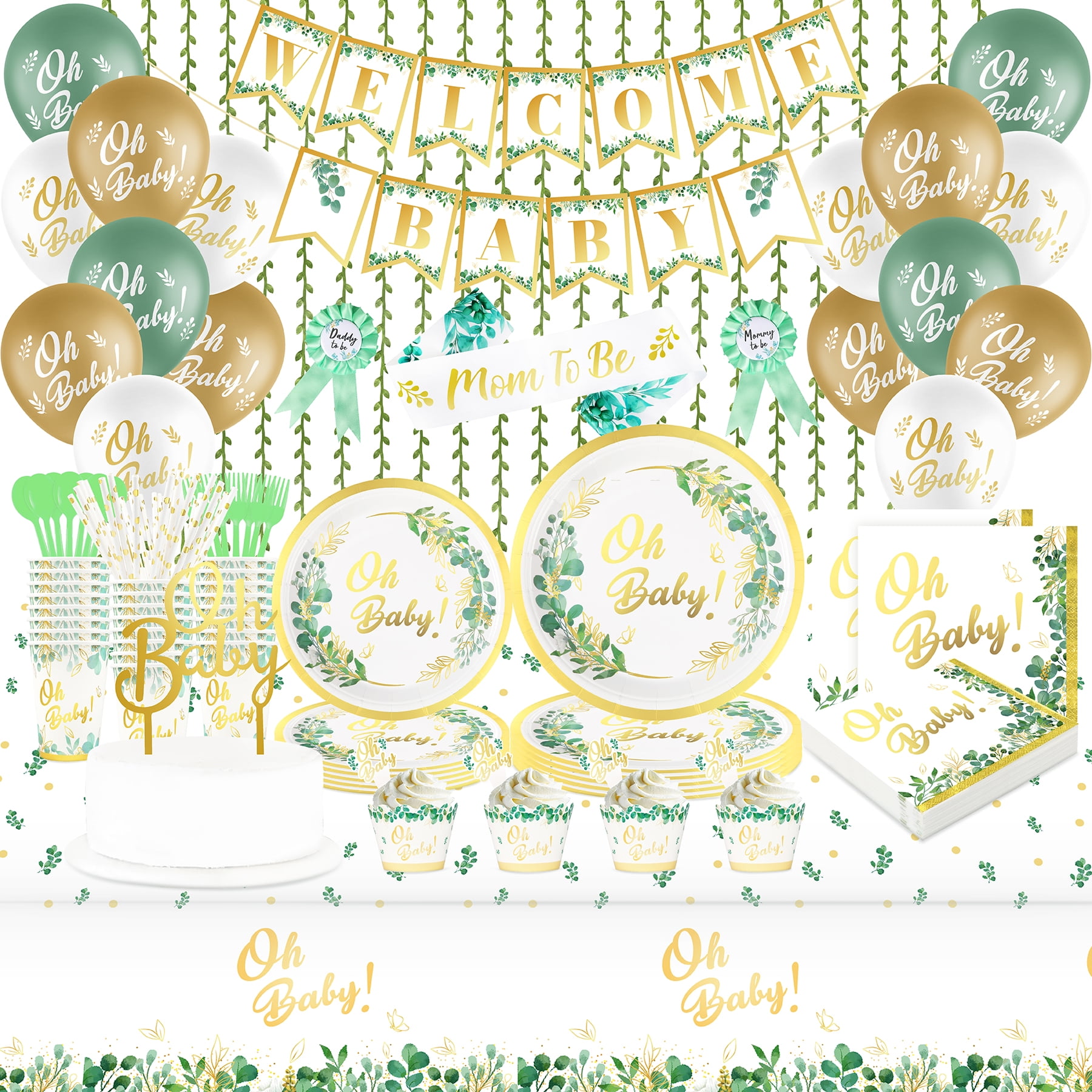 Greenery Paper Plates and Napkins with Table Cover