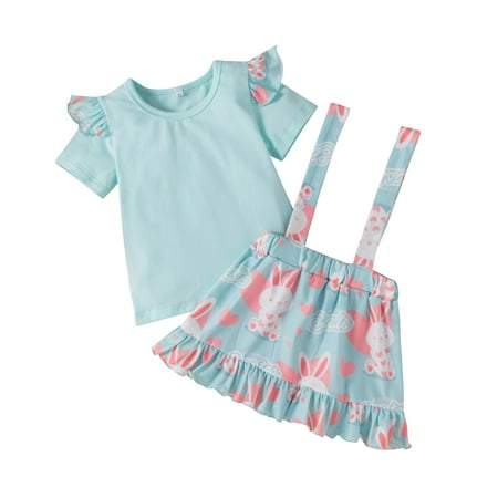 

Toddler Girls Short Sleeve Casual Easter Cartoon Rabbit Printed Lovely T-Shirt Tops Suspender Skirts Outfits Baby Outwear