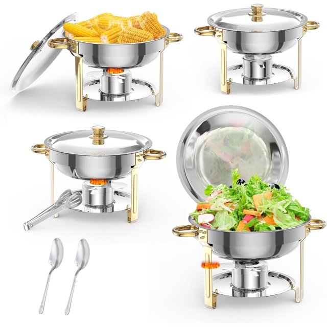 Twister.CK Ensemble de Buffet Rond de 5 Qt pour Réchauds, Lot de 4 Réchauds en Acier Inoxydable avec Couvercles et Supports, Cuillère de Service et Pince pour Traiteur, Fêtes, Mariages