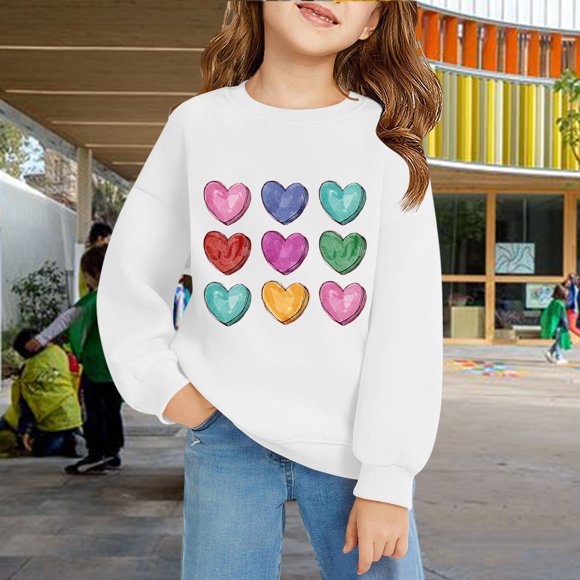 Chandail en Molleton Imprimé Cœur pour Filles, Coupe Ample Col Rond Manches Longues avec Design Amour, Chemise Décontractée en Coton Doux pour Filles Tout-Petits, Plusieurs Couleurs Disponibles pour Usage Quotidien Blanc