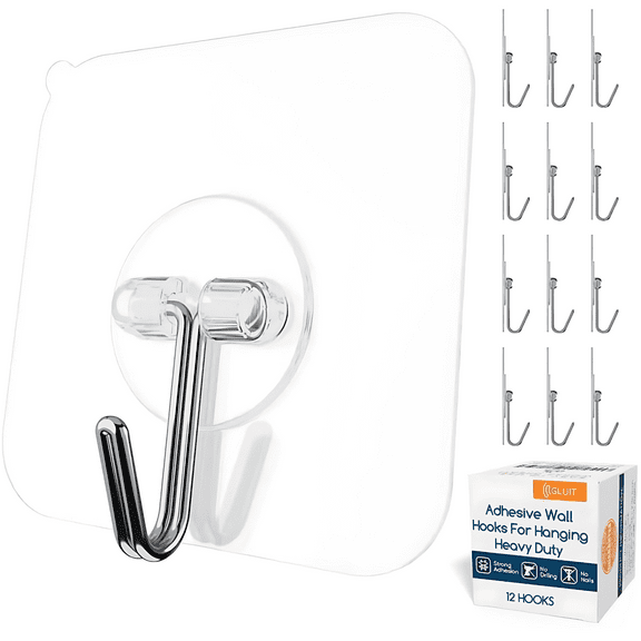 GLUIT Adhesive Wall Hooks for Hanging Heavy Duty 22 lbs Towel Hooks Stainless Steel PVC 12 pack