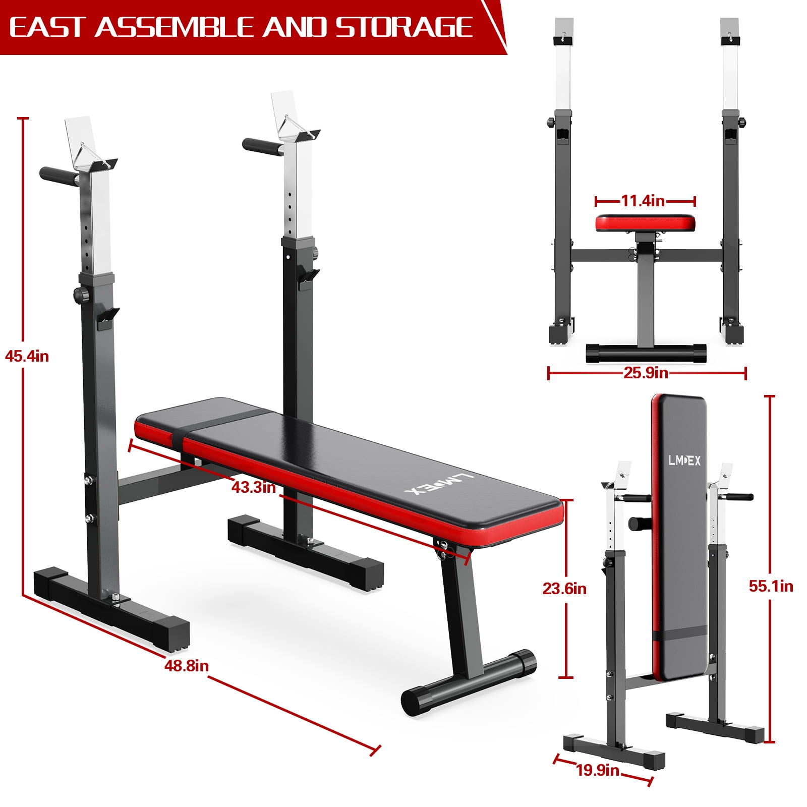 Lmdex Adjustable Weight Bench Press with Squat Rack & Folding Dip Station, Complete Home Gym Set with 150lbs Weight Plates and Curl Bar for Full Body Strength Training (Red）
