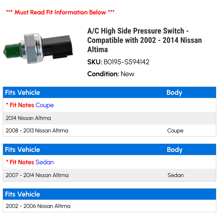 A/C High Side Pressure Switch - Compatible with 2002 - 2014