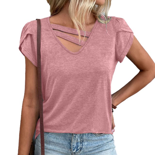 Mujer Verano Manga Corta Cuello En V Suelto Estilo Casual Color Puro Manga Pétalo Top para Citas Viajar Compras