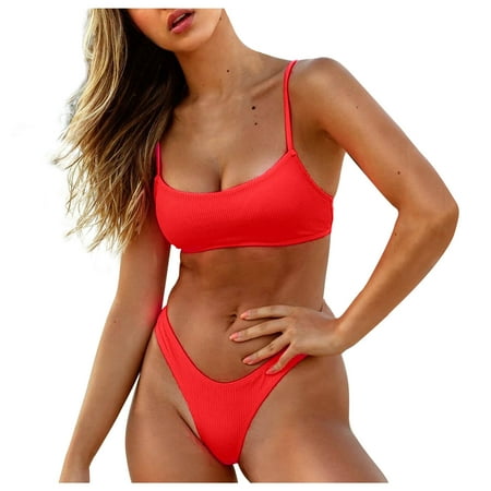 Fmbrln Womens Two Piece Swimsuit Sexy Solid Color Ribbed Bikini Sets Adjustable Strap High Cut Thong Bathing Suit