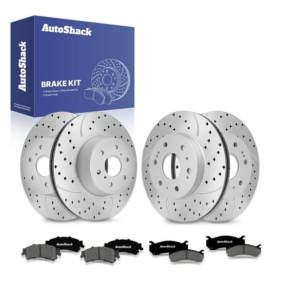 AutoShack Front Vented & Rear Vented Drilled & Slotted Silver Zinc Coated Brake Rotors   Premium Ceramic Pads 12-PC Brake Kit Replacement for 2007 GMC Sierra 1500 Classic SilverShield Pro