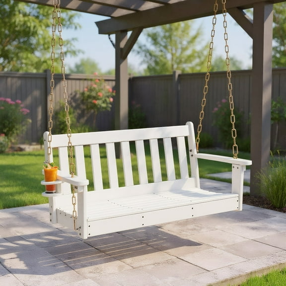 Resenkos Porch Swing, 54 Inch HDPE Patio Porch Swing with Cup Holder-White, Hanging Outdoor Porch Swings for Garden, Backyard