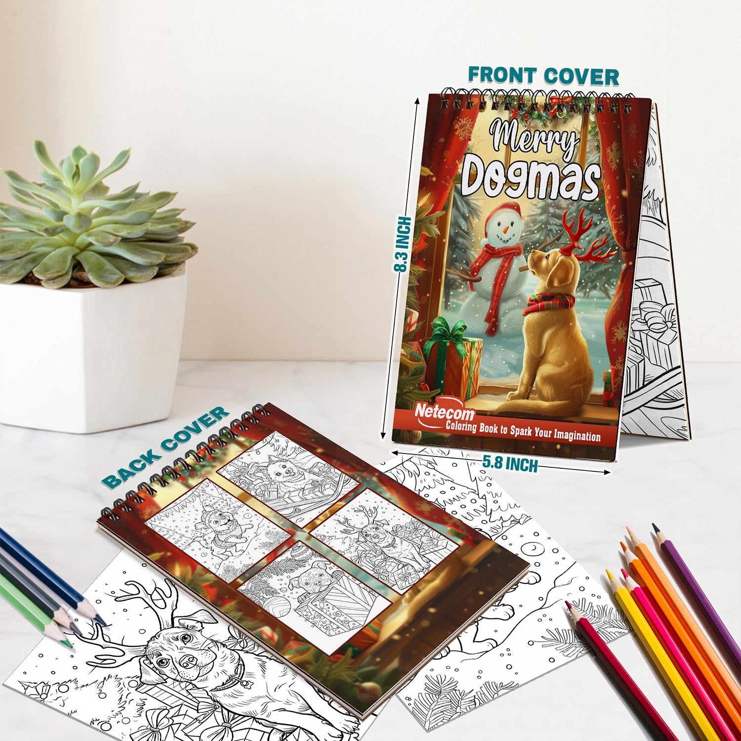 Netecom Merry Dogmas Coloring Book Spiral Bound for Adults, A5 Wooden Cover, 30 Christmas Theme Coloring Pages of Cute Dogs for Stress Relief and Relaxation