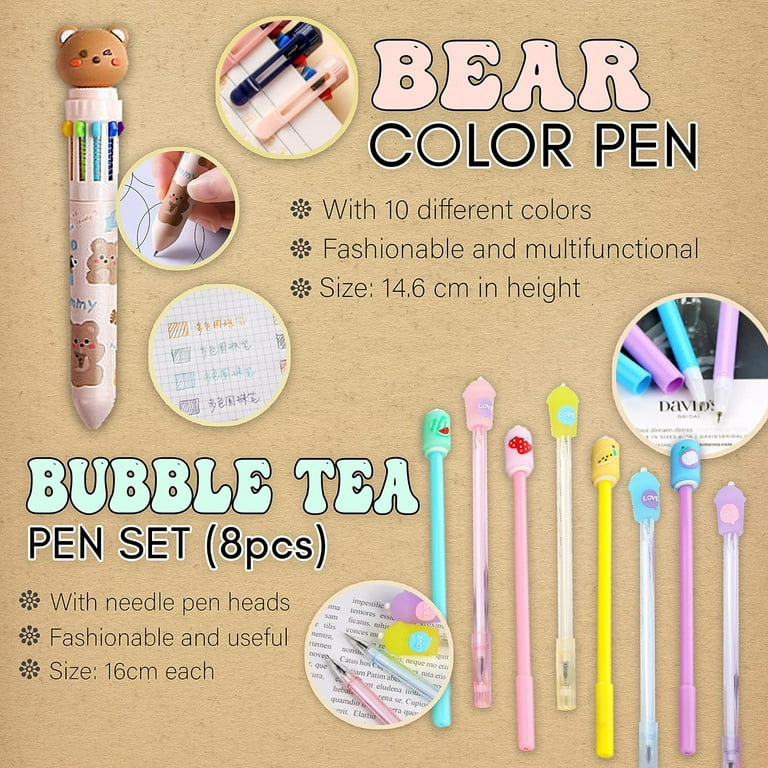  228 Pcs Kawaii Boba Stationery Set - Gel Pens, Pencil Case,  Stickers, Highlighters, Notes - Cute School Supplies : Office Products